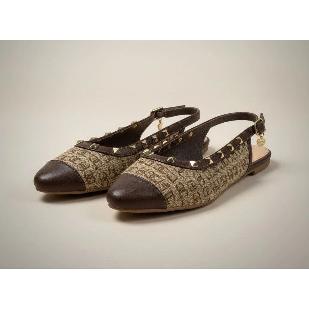Juicy Couture Poetry Slingback Flats 6.5 Brown JC Monogram Logo Studded‎ Charm